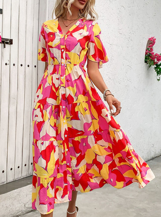 Pretty Print:  V-Neck Midi Dress With Flutter Sleeves