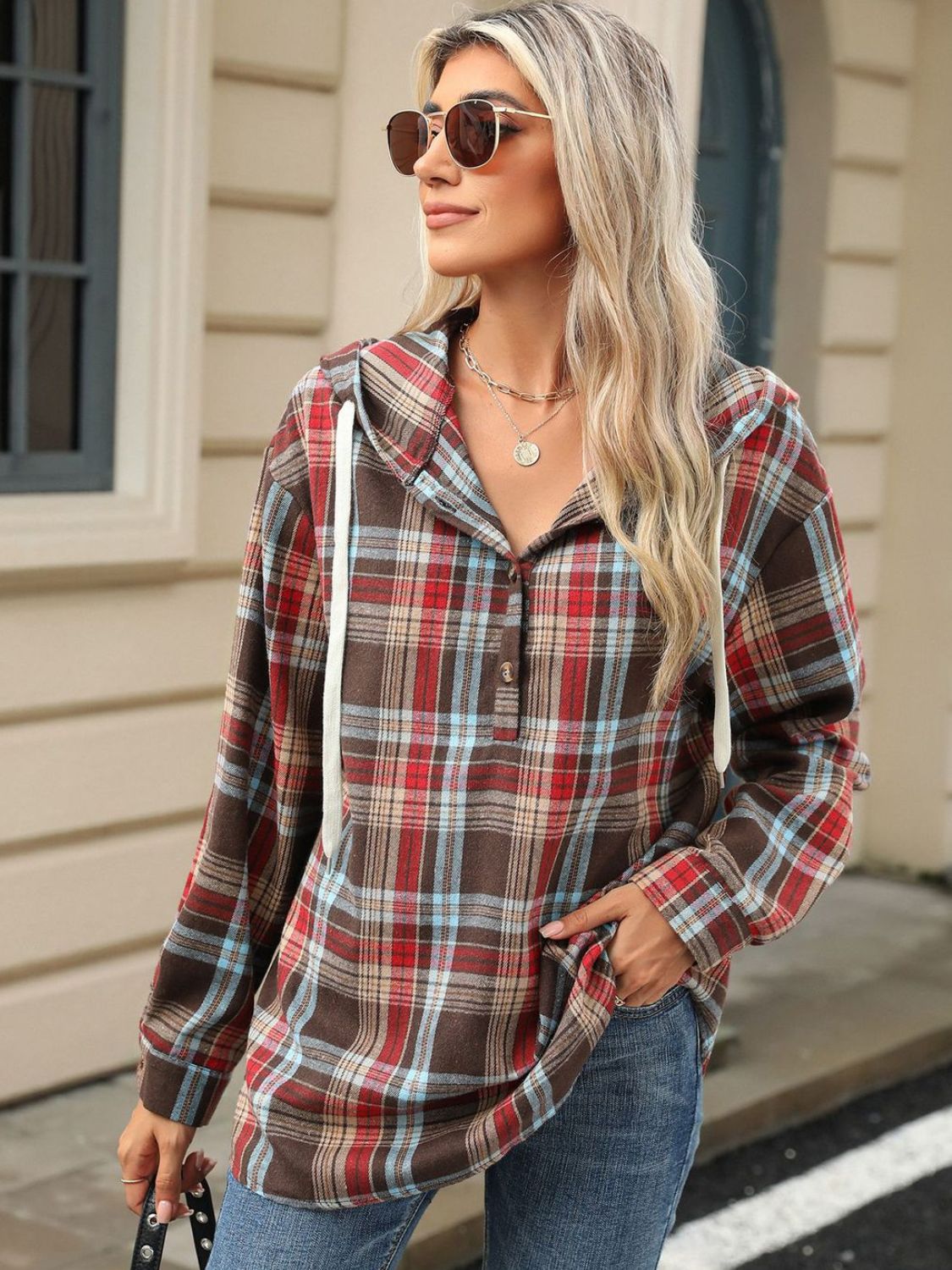 Hooded Plaid Top With Drawstring