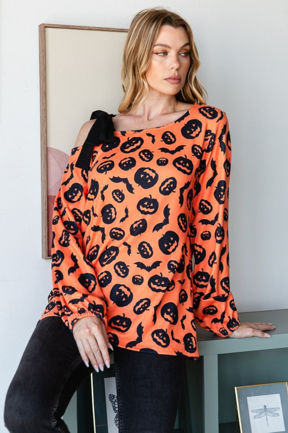 Pumpkin Print One Shoulder T-Shirt