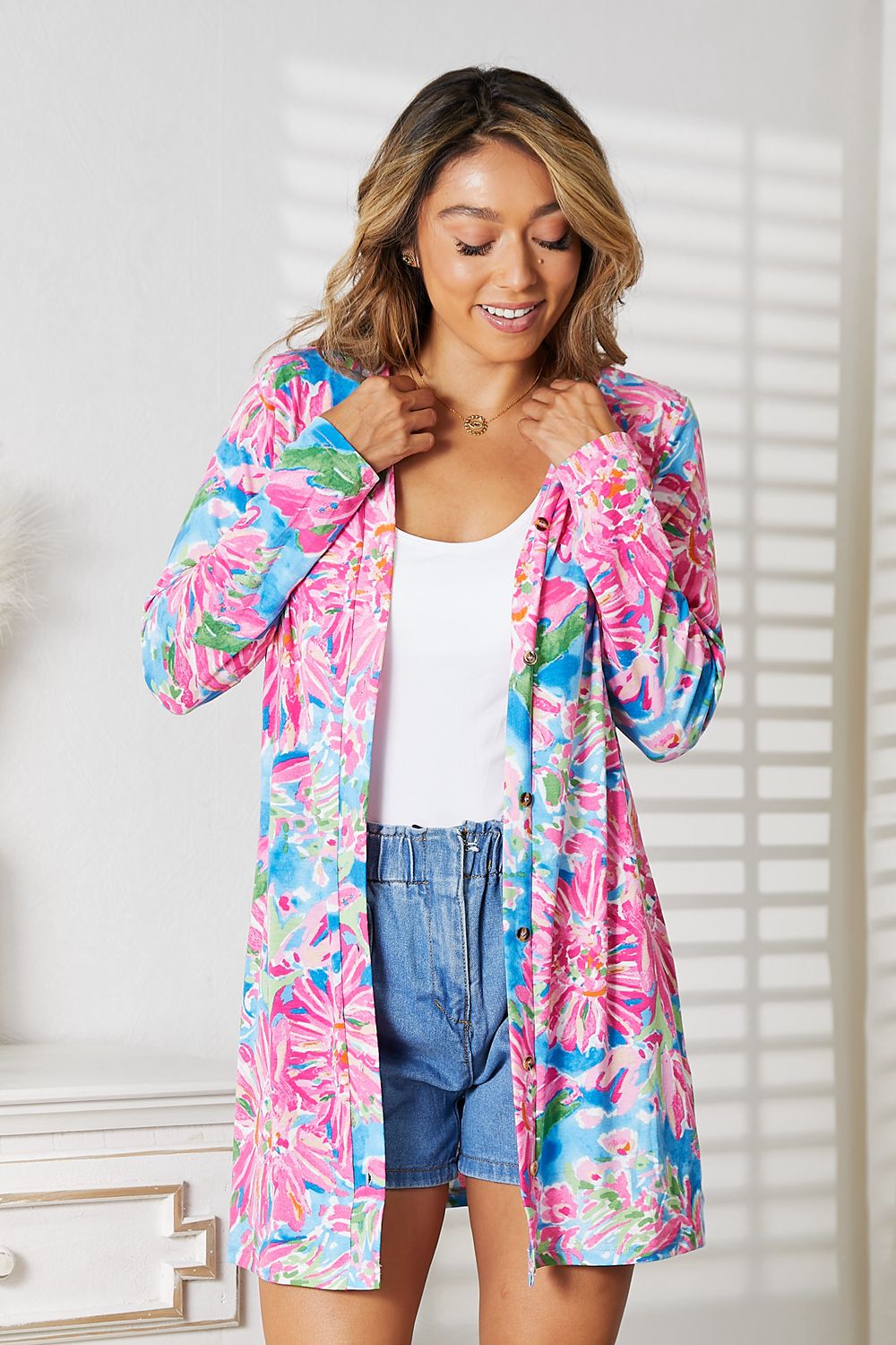 Cute Floral Cardigan With Open Front And Long Sleeves
