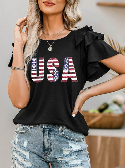 USA Proud:  Ruffled Sleeve Patriotic Top