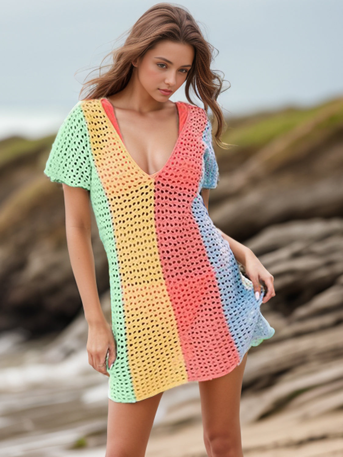 Colorful Cover Up:  Short Sleeve Low Neck Cover-Up