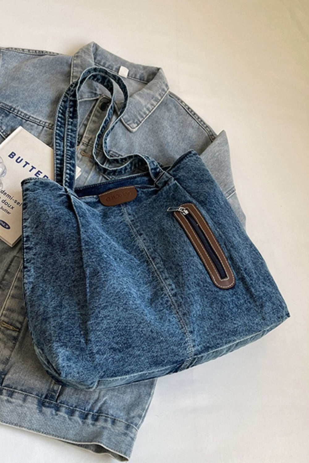 Shoulder Bag:  Denim Tote Bag with Zip