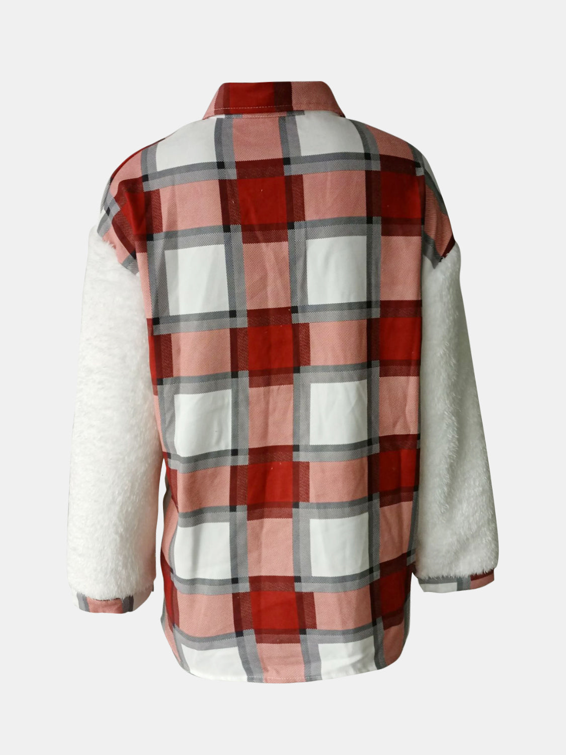 Fuzzy Button Up Jacket - Solid and Contrast Design Pattern on Back