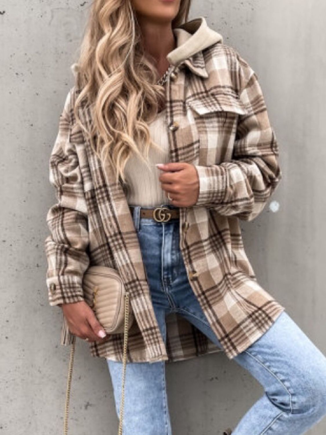 Plaid Hooded Long Sleeve Jacket