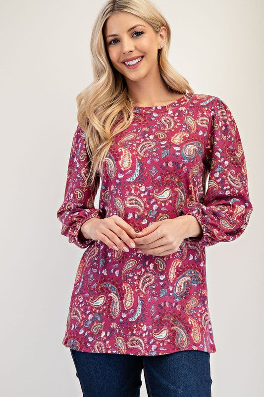 Paisley Round Neck Balloon Sleeve Top