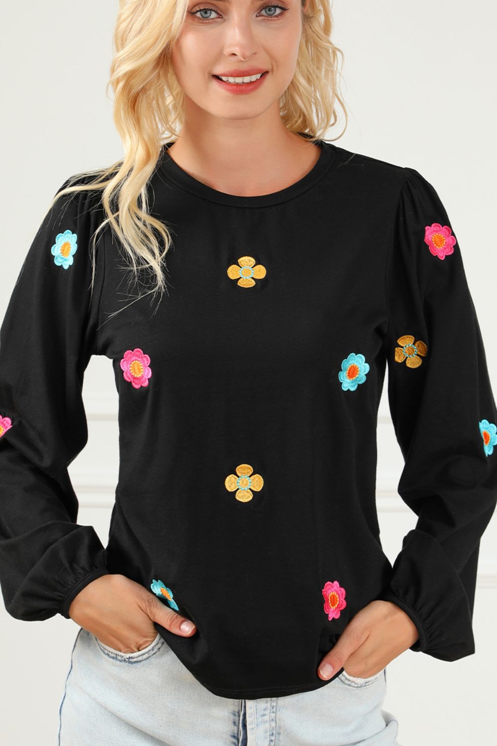 Beautiful Black with Embroidered Flowers Long Sleeve Sweater