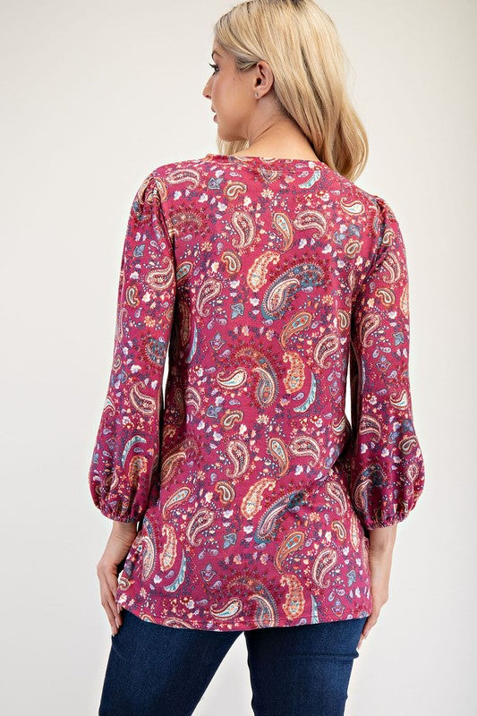 Paisley Round Neck Balloon Sleeve Top