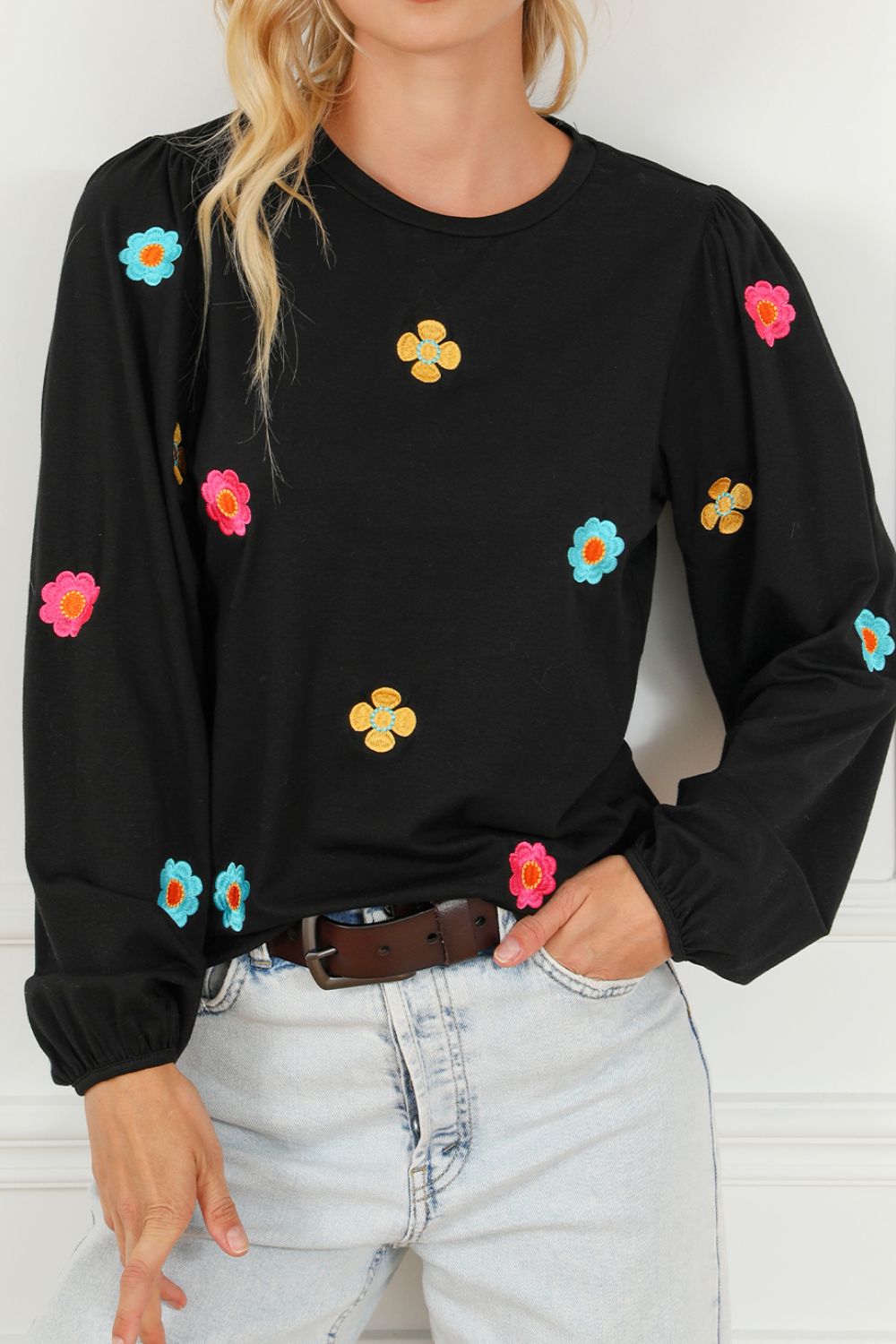 Beautiful Black with Embroidered Flowers Long Sleeve Sweater