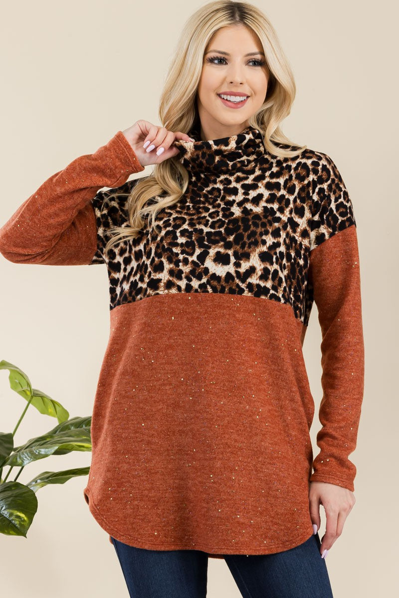 Leopard Turtleneck Long Sleeve Blouse with Curved Hem