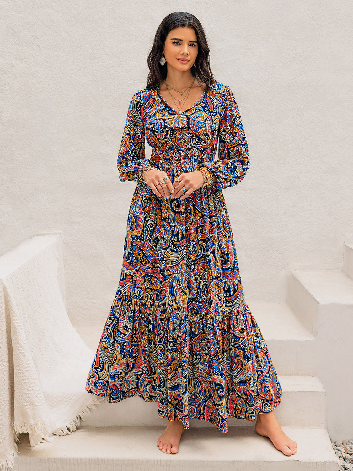 Paisley Printed Long Sleeve Midi Dress