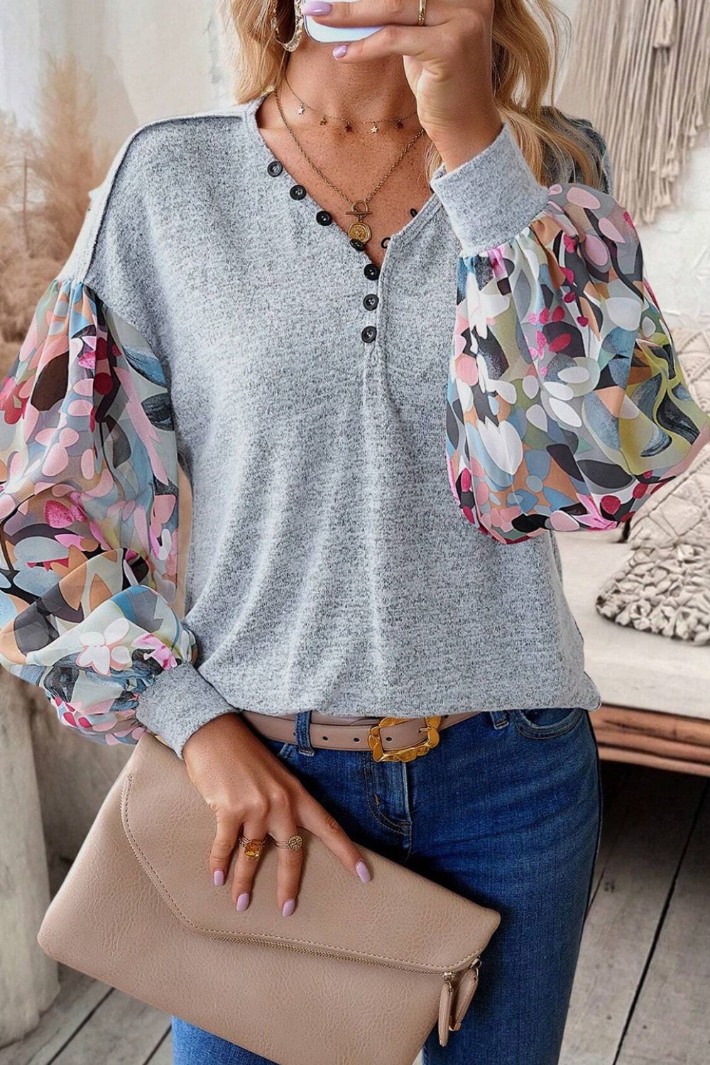 Full Floral Sleeve Buttoned V Neck Top