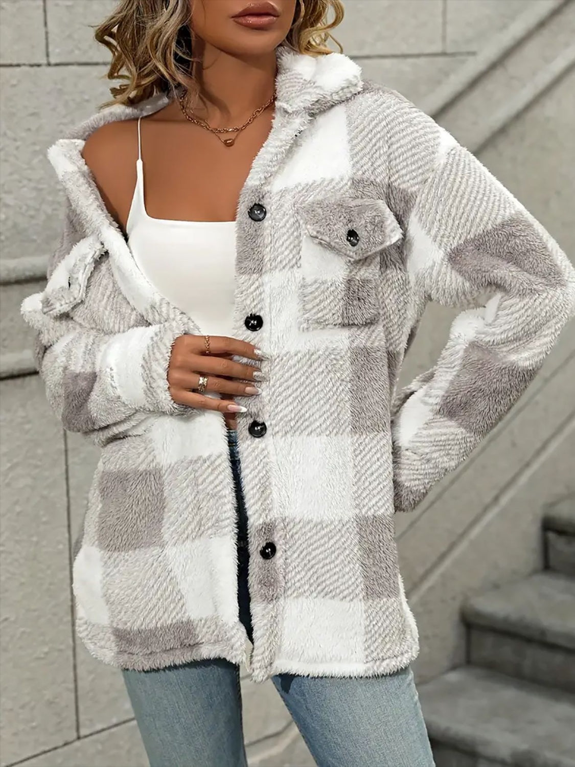 Plaid Dropped Shoulder Plush Coat