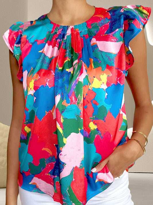 Ruffled Riches:  Bold Abstract Colored Ruffle Sleeve Blouse