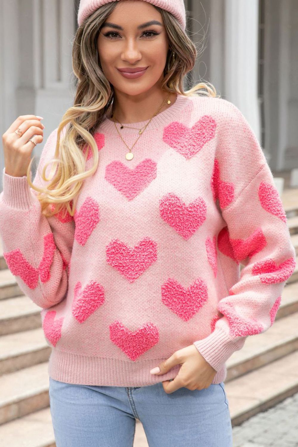 Pink Hearts:  Love Yourself Round Neck Sweater