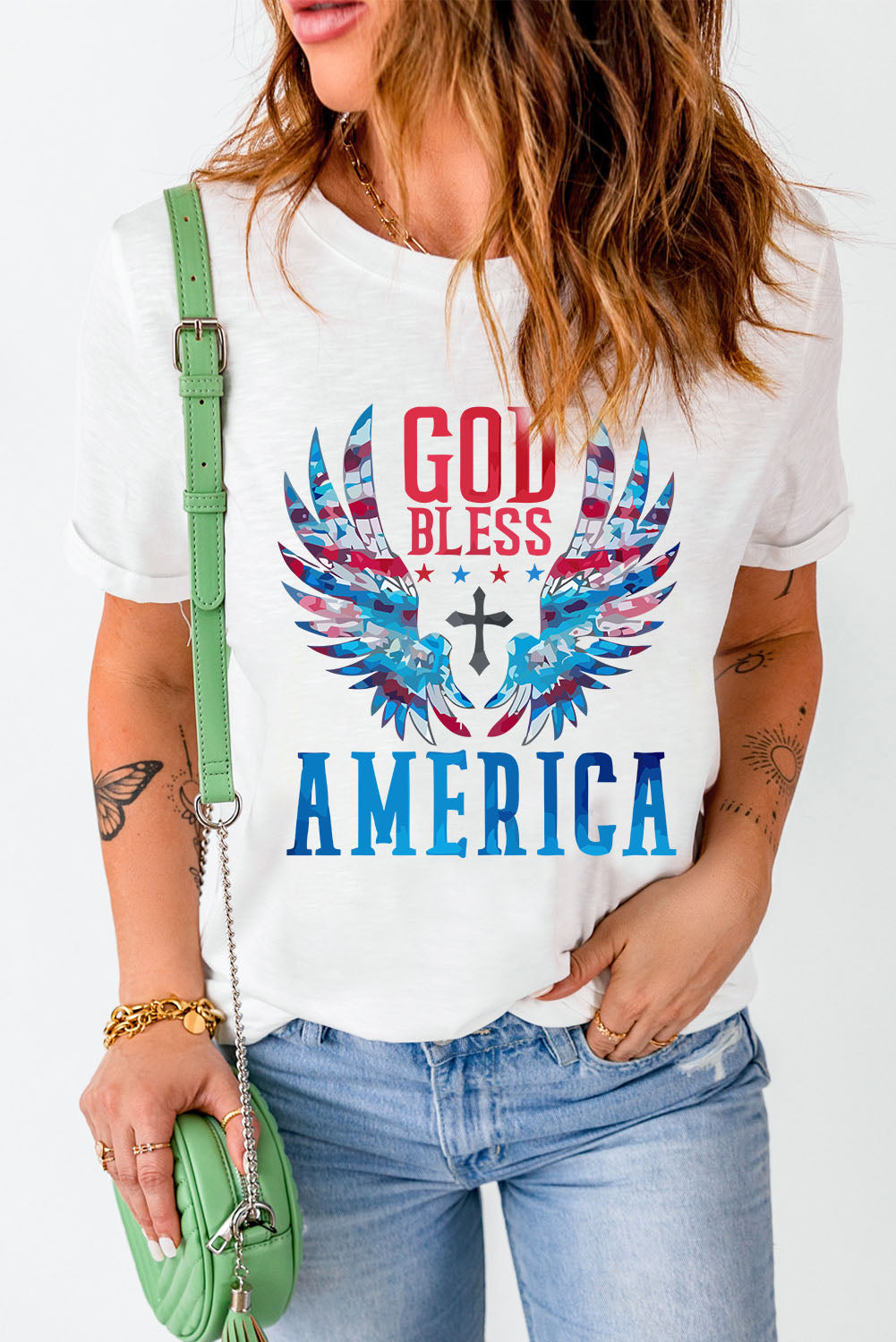 GOD BLESS AMERICA:  White Cuffed Tee Shirt With Patriotic Design