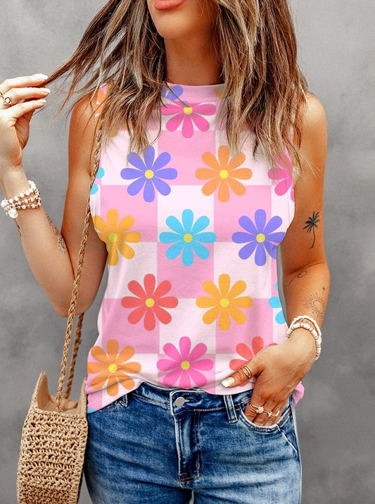 I Dream Floral: Cute Squares and Flower Print Tank