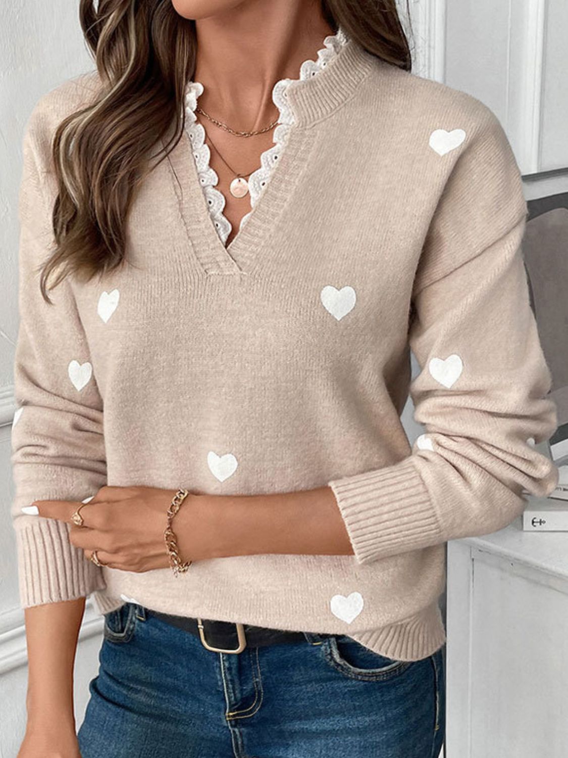 Hearts Sweater with Lace Collar