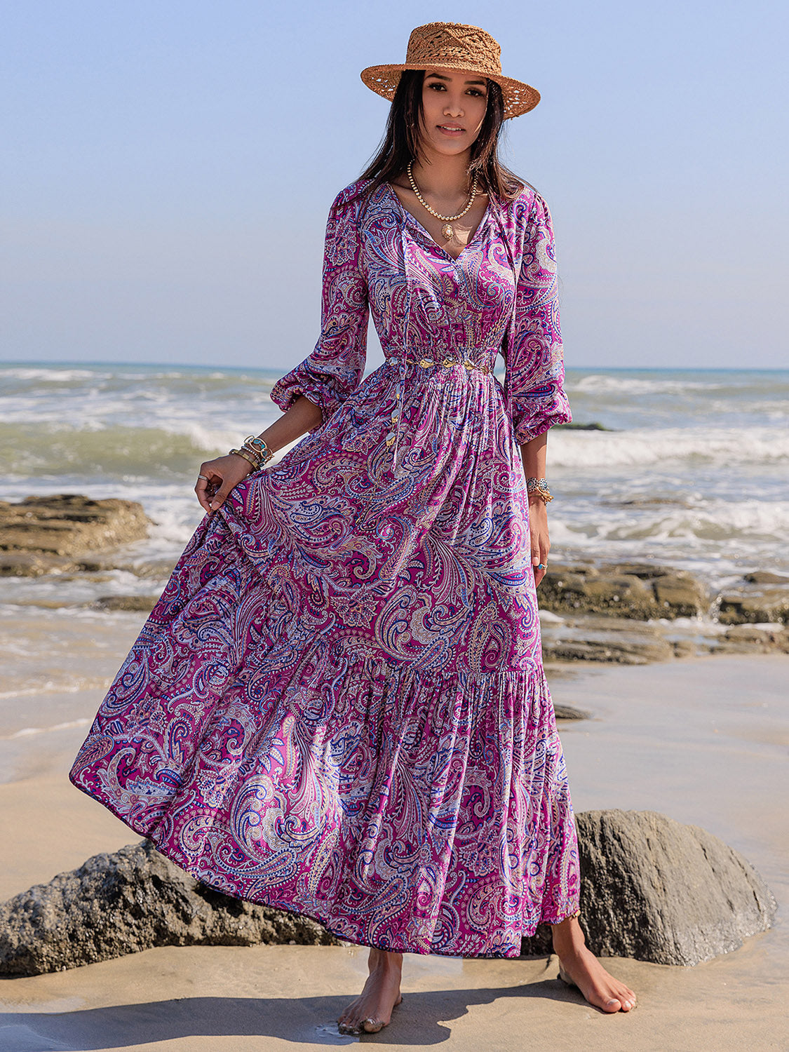 Beautiful Paisley Printed Tie Neck Balloon Sleeve Maxi Dress