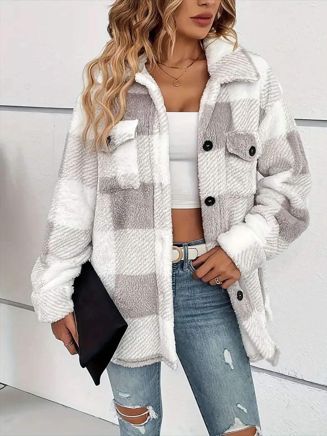 Plaid Dropped Shoulder Plush Coat