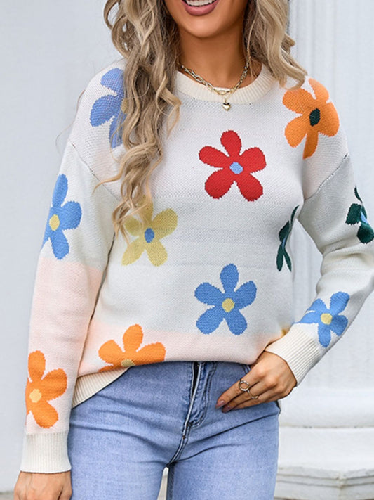 Colorful Flowers Delight:  Long Sleeve Sweater