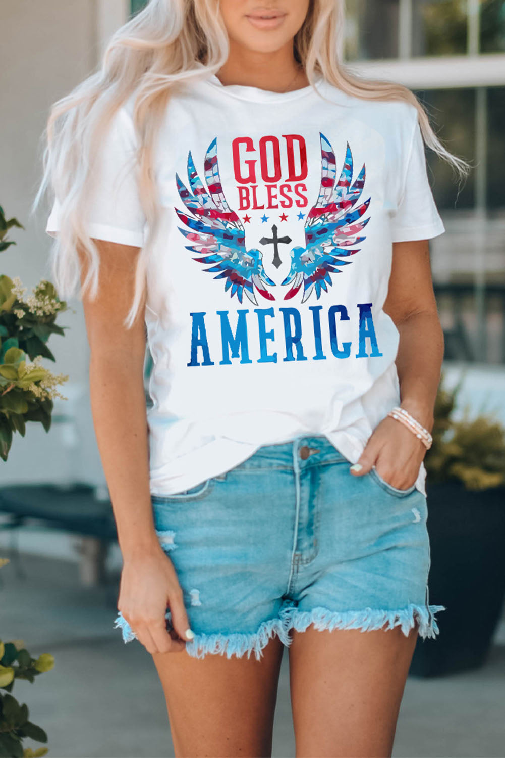 GOD BLESS AMERICA:  White Cuffed Tee Shirt With Patriotic Design