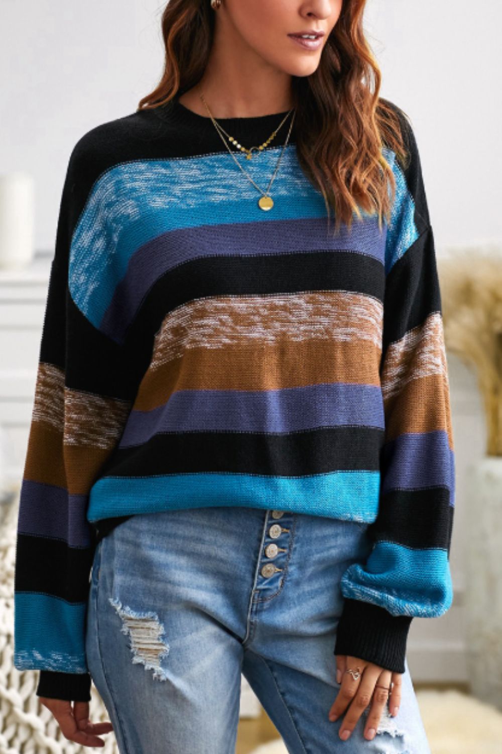 Multi-Color Striped Drop Shoulder Sweater