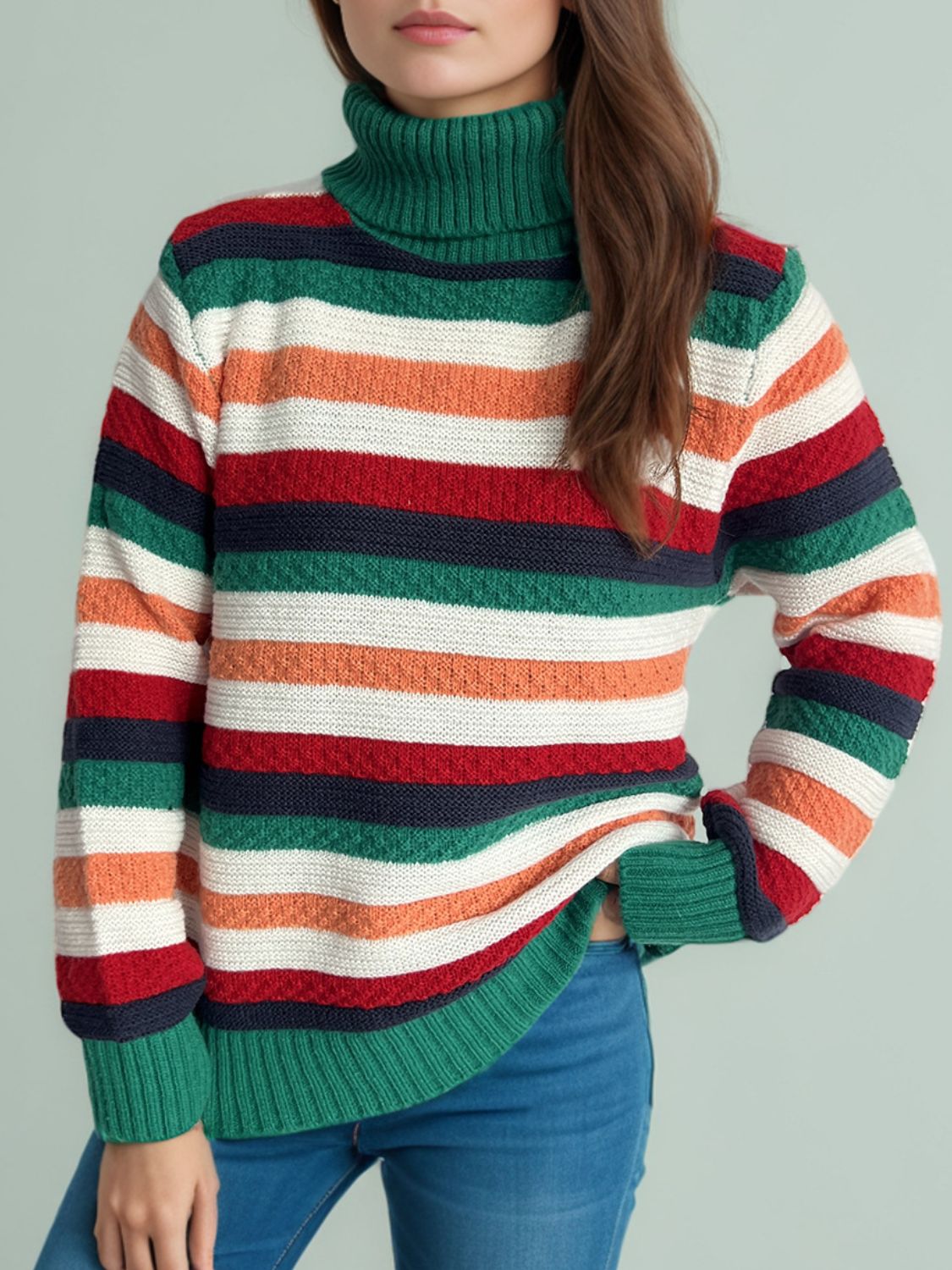 Cute Striped Turtleneck Long Sleeve Sweater