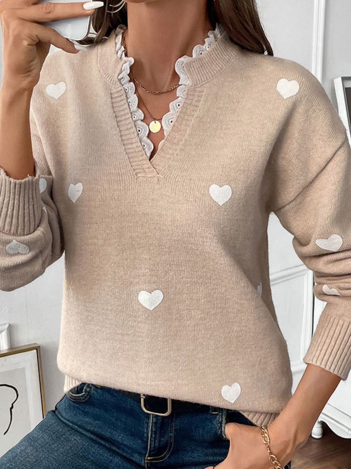 Hearts Sweater with Lace Collar