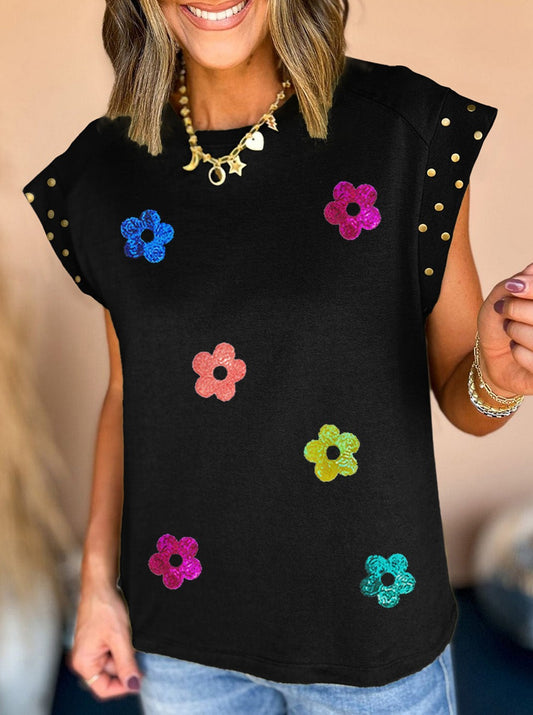 Floral Beauty: Black Blouse With Sequin Flowers And Cap Sleeve