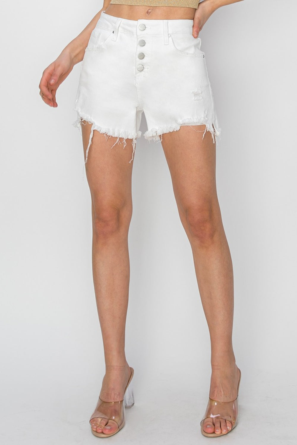 RISEN:  Button Denim Shorts With Frayed Hem