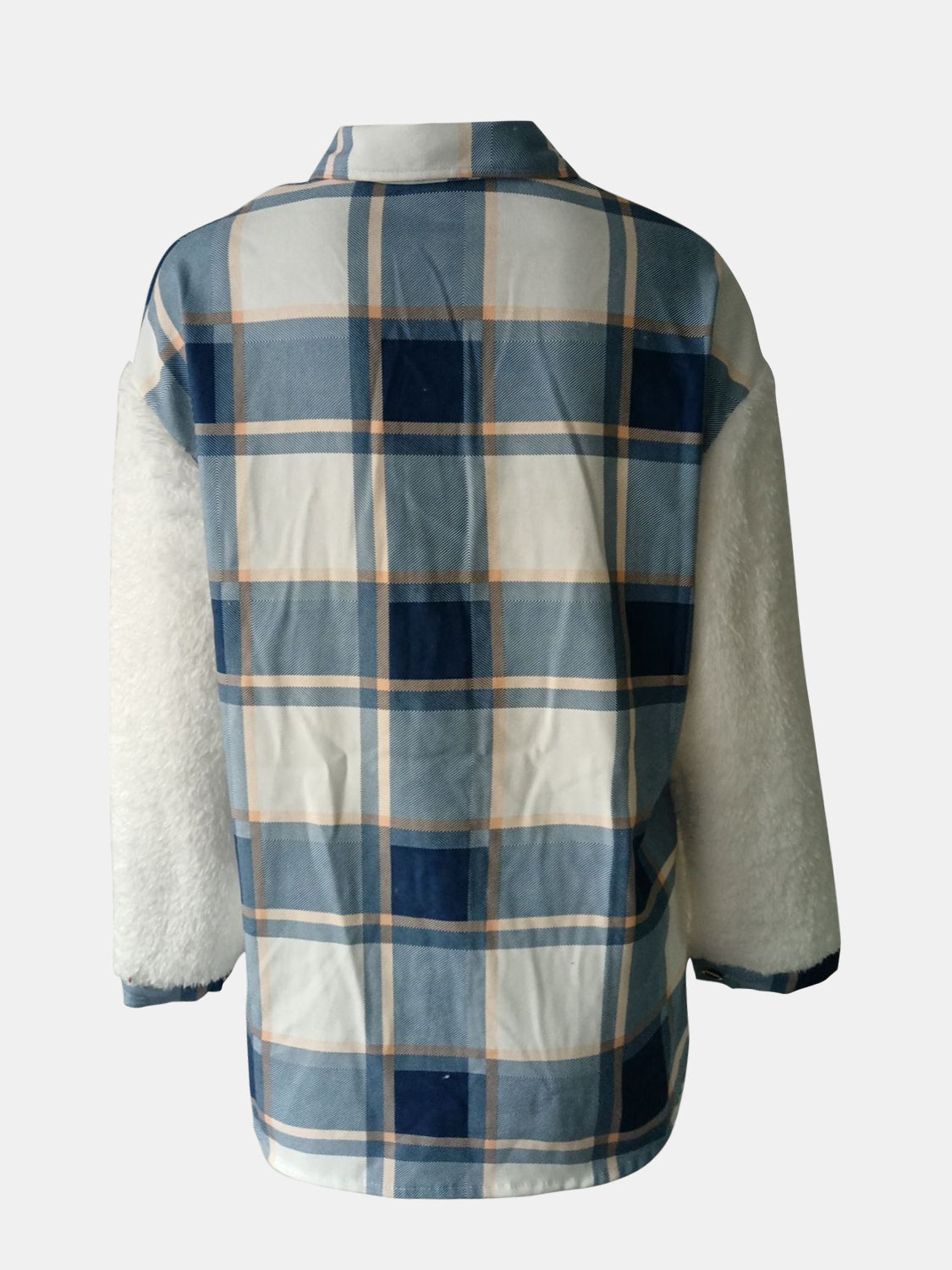 Fuzzy Button Up Jacket - Solid and Contrast Design Pattern on Back