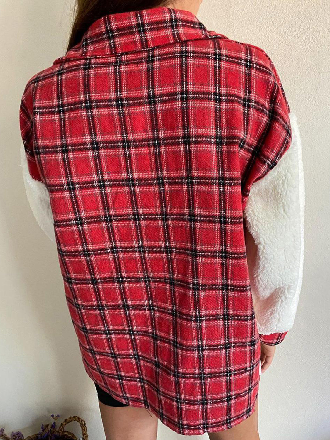 Fuzzy Button Up Jacket - Solid and Contrast Design Pattern on Back