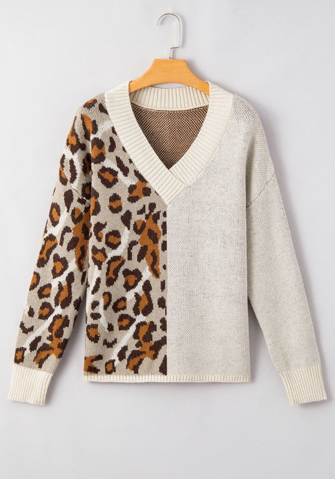 Half Leopard V Neck Drop Shoulder Sweater