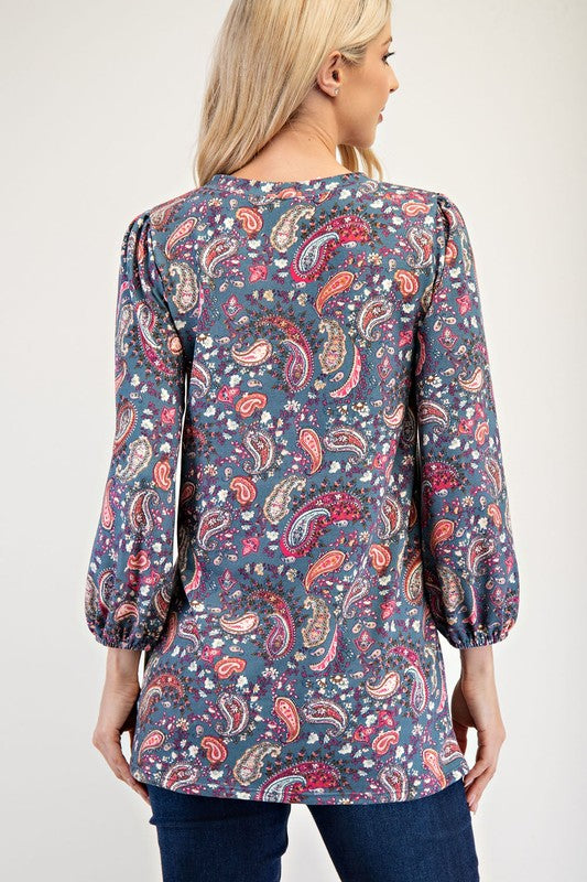 Paisley Round Neck Balloon Sleeve Top