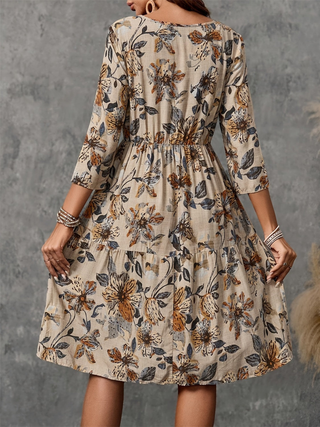 Floral Printed Dress With Three-Quarter Sleeves