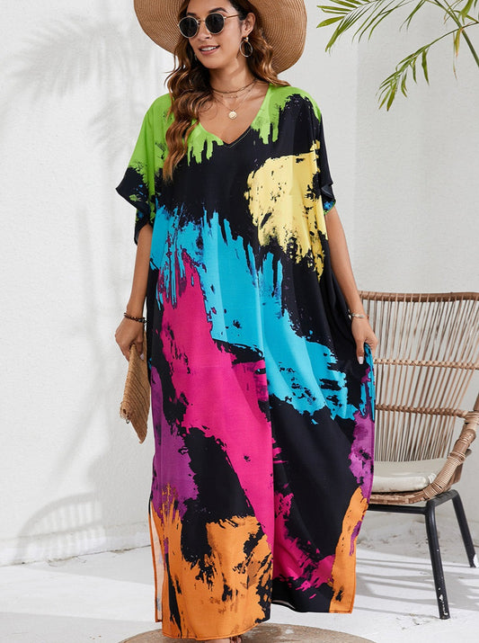 Painted Cover Up:  V-Neck Printed Cover Up With Bold Colors