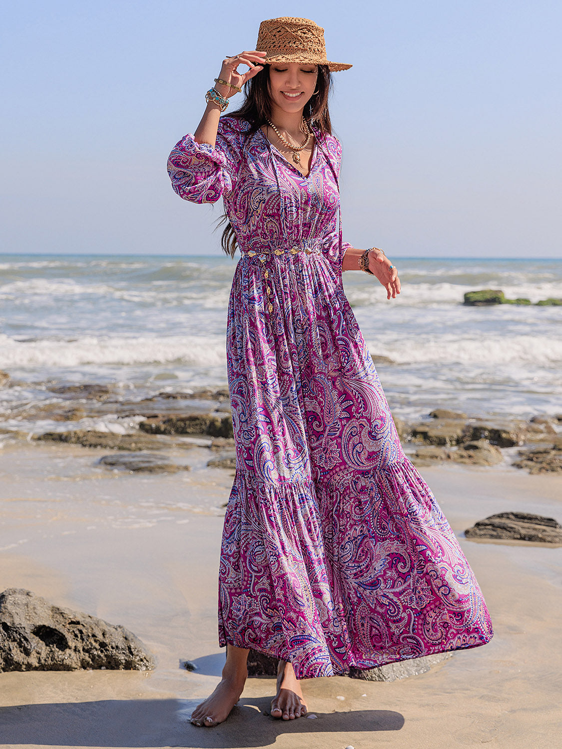 Beautiful Paisley Printed Tie Neck Balloon Sleeve Maxi Dress