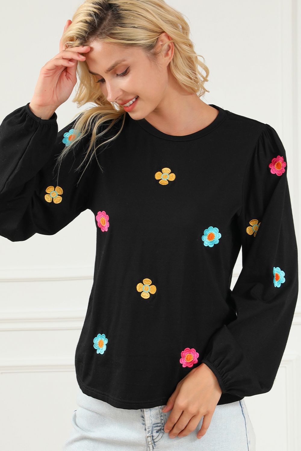 Beautiful Black with Embroidered Flowers Long Sleeve Sweater