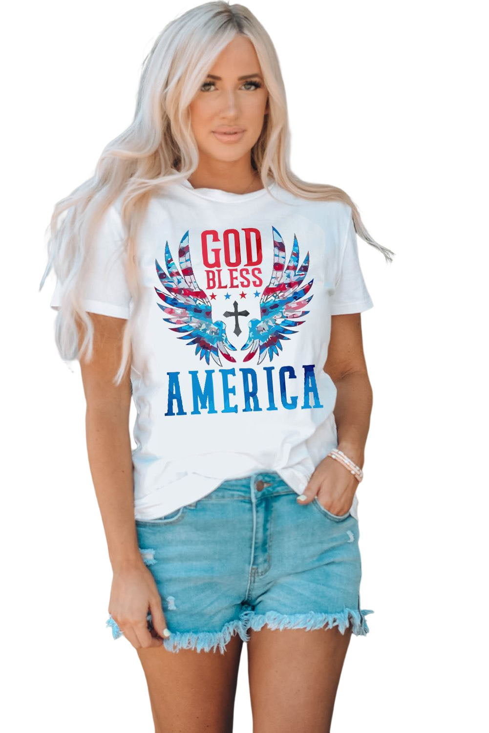 GOD BLESS AMERICA:  White Cuffed Tee Shirt With Patriotic Design