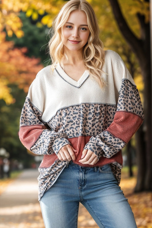 Color Block Leopard Long Sleeve Top