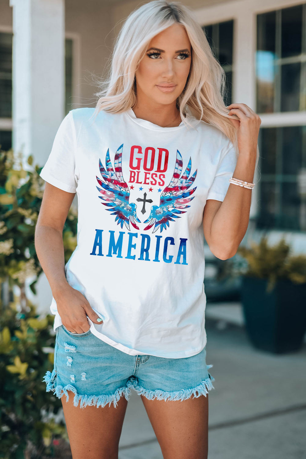 GOD BLESS AMERICA:  White Cuffed Tee Shirt With Patriotic Design