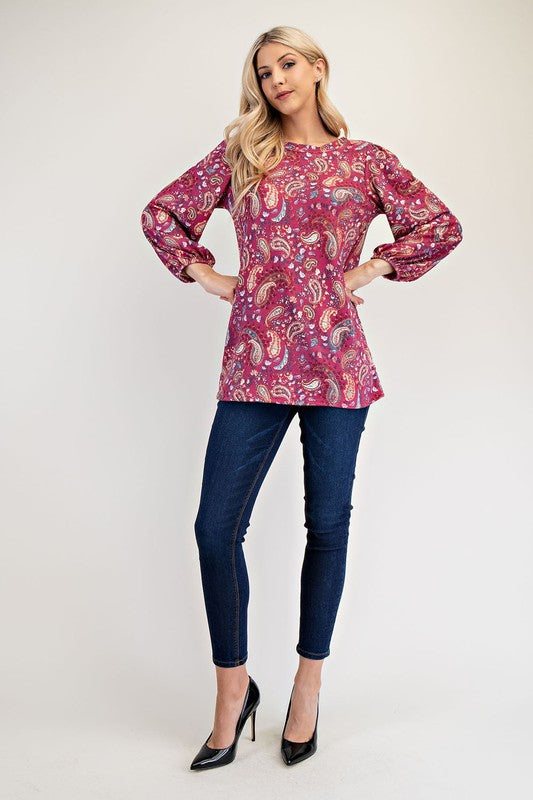 Paisley Round Neck Balloon Sleeve Top