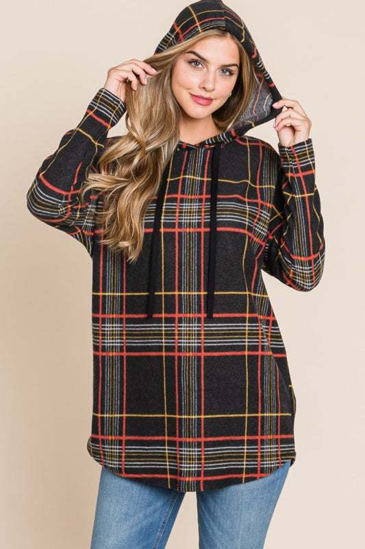 Drawstring Plaid Hoodie