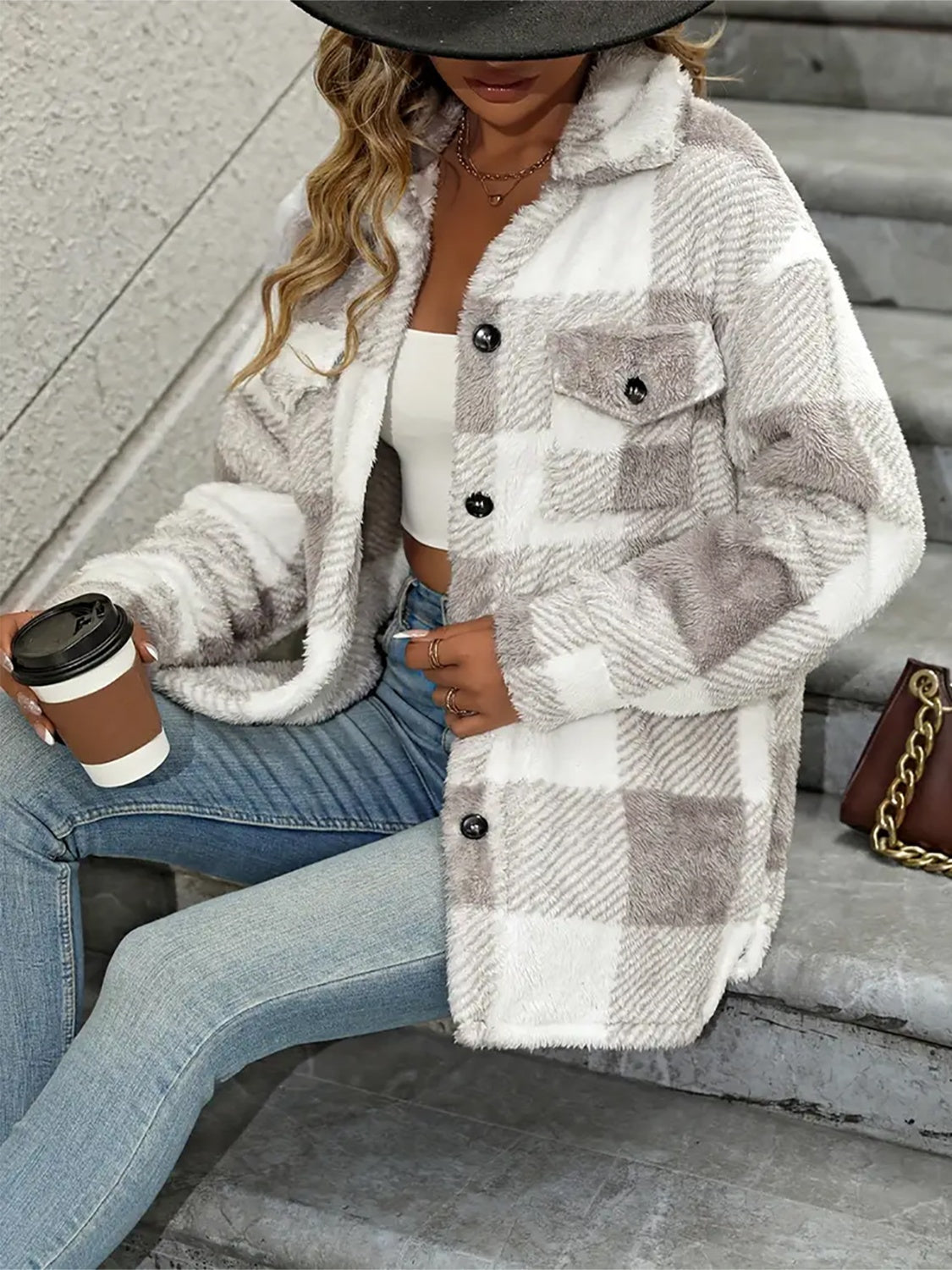 Plaid Dropped Shoulder Plush Coat