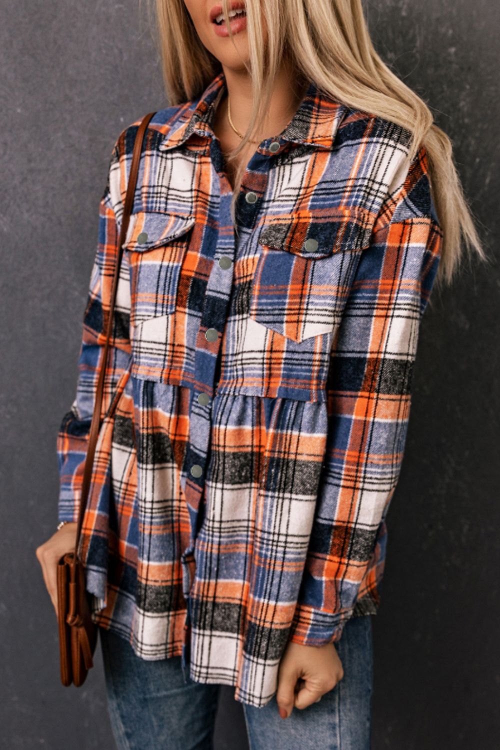 Plaid Long Sleeve Shirt with Gathered Bottom