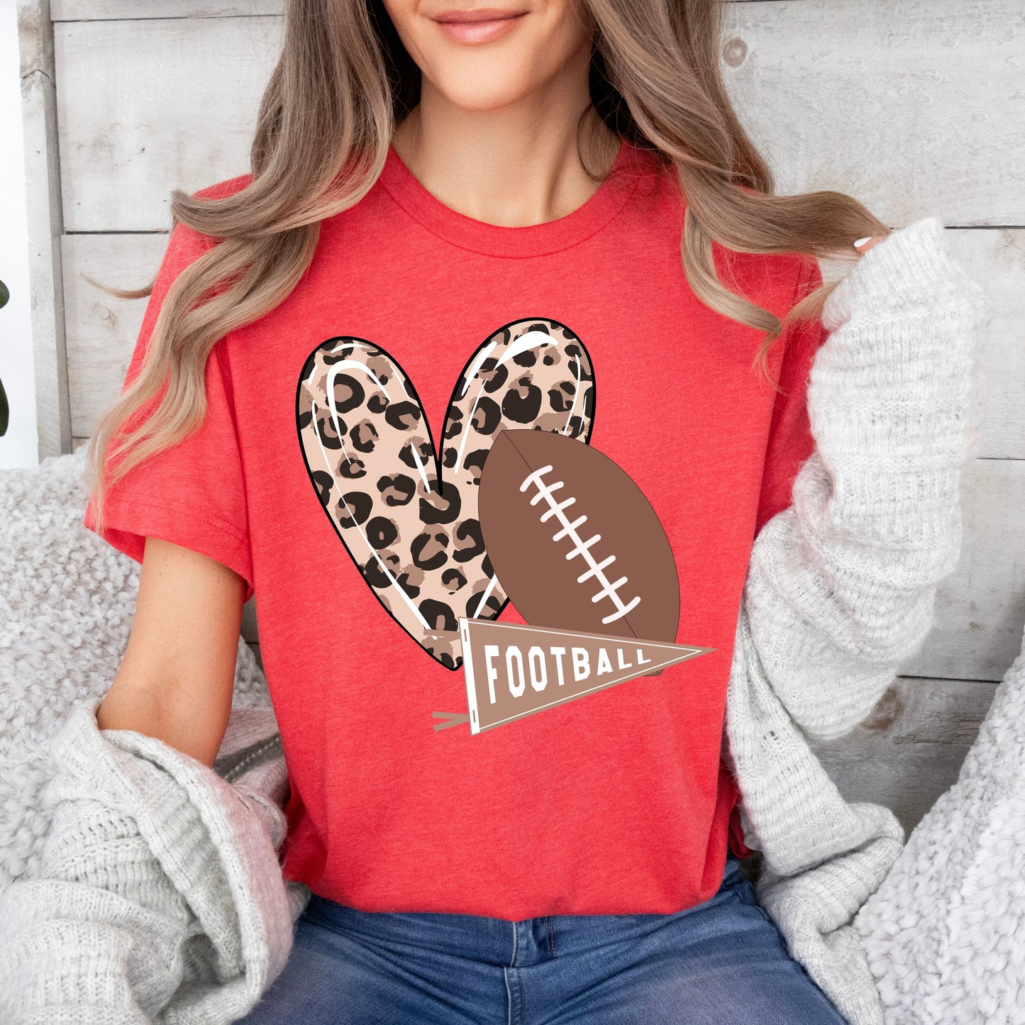 Leopard Heart and Football Jersey Short Sleeve T-Shirt