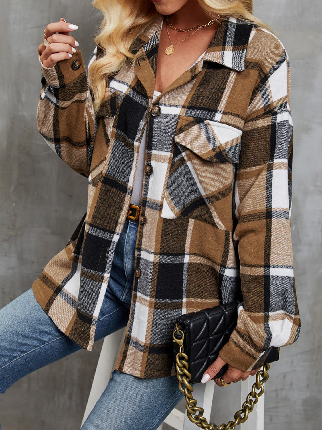 Plaid Dropped Shoulder Outerwear, Shacket