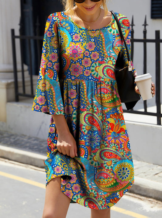 Paisley Print Three-Quarter Sleeve Dress