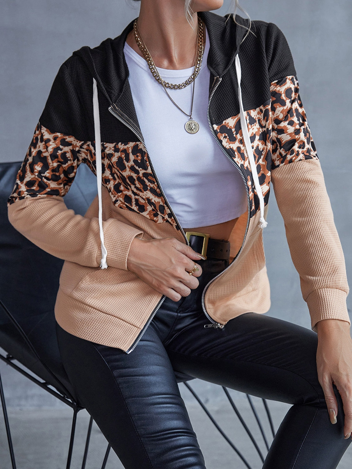 Leopard Zip Up Drawstring Hooded Sweater Jacket